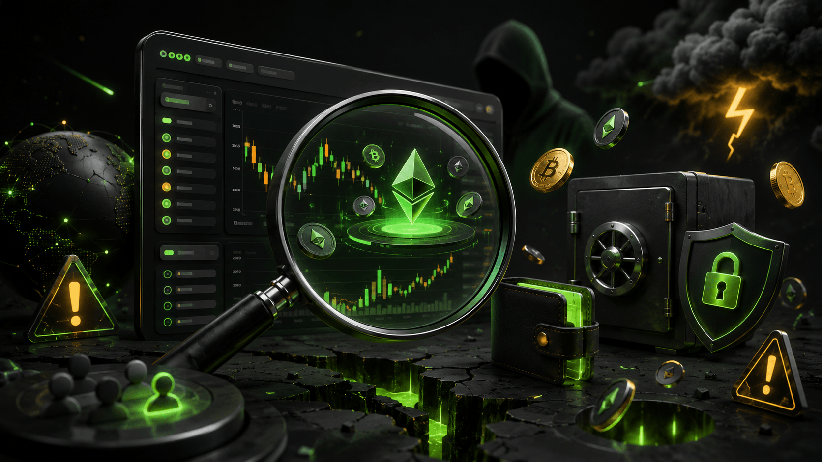 Crypto exchange risk analysis with warning signs, wallet, vault and market dashboard