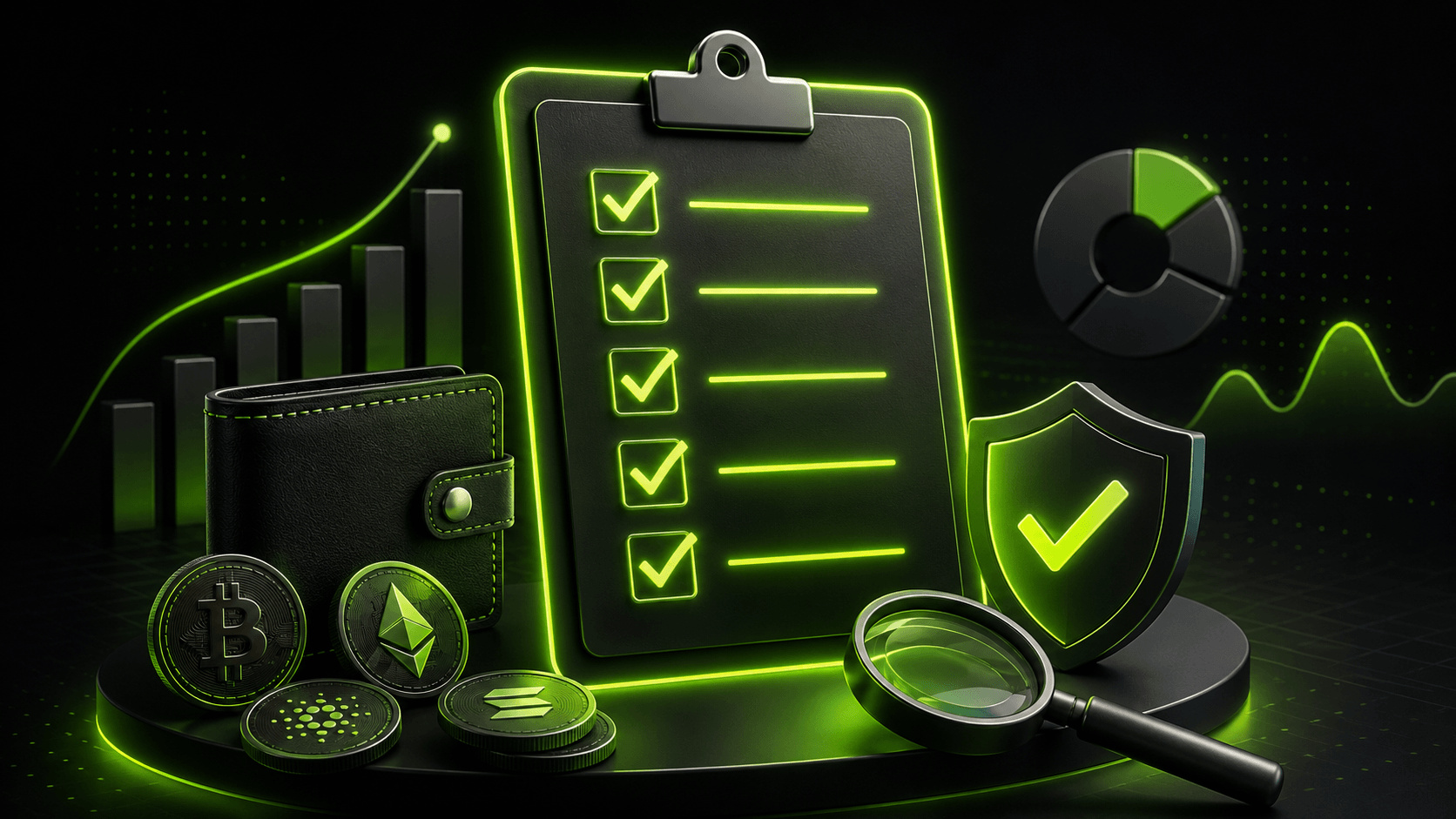 Crypto exchange safety checklist with wallet, shield, magnifying glass and verification marks