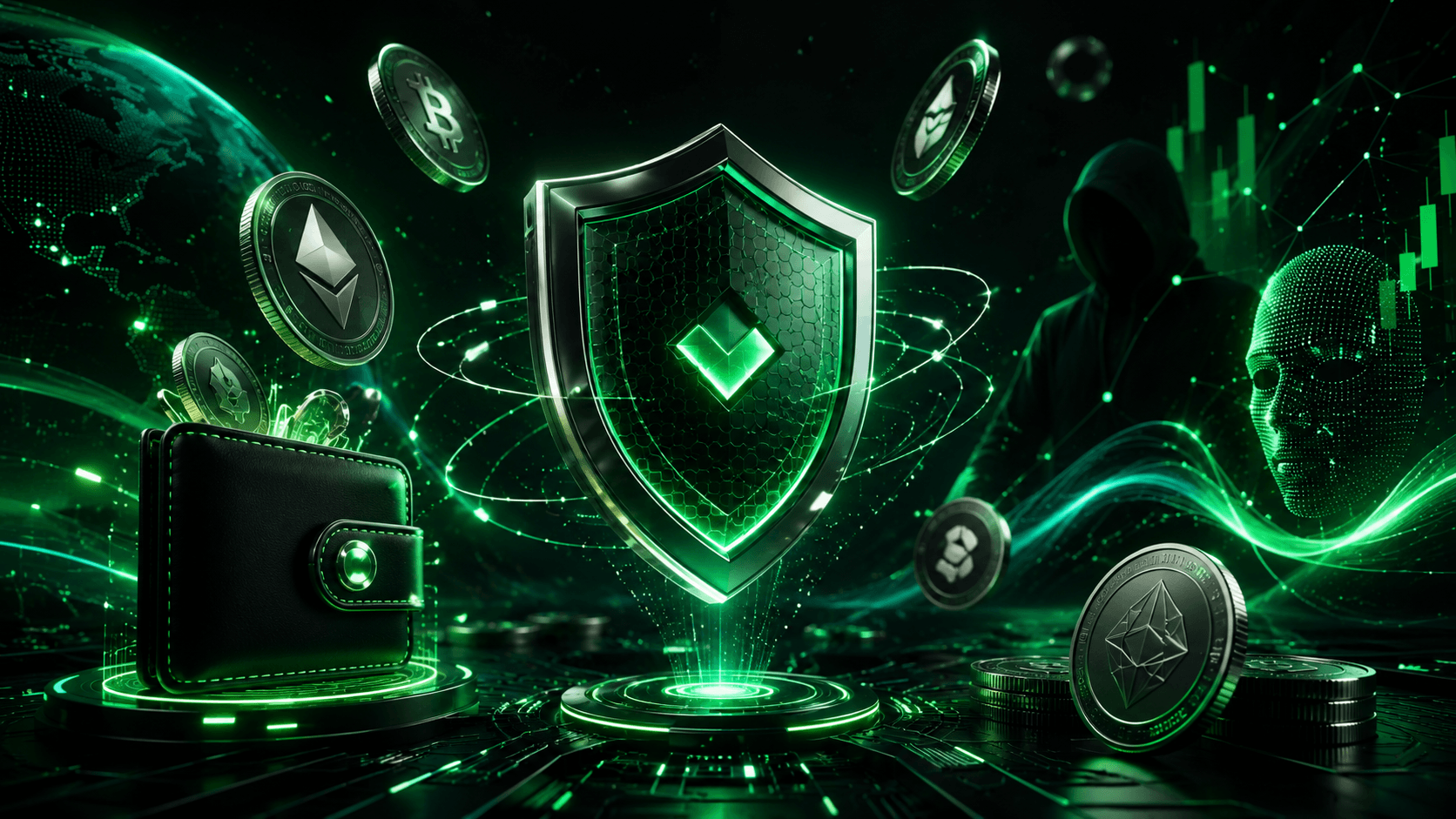 No-KYC crypto exchange security concept with digital wallet, shield and crypto coins