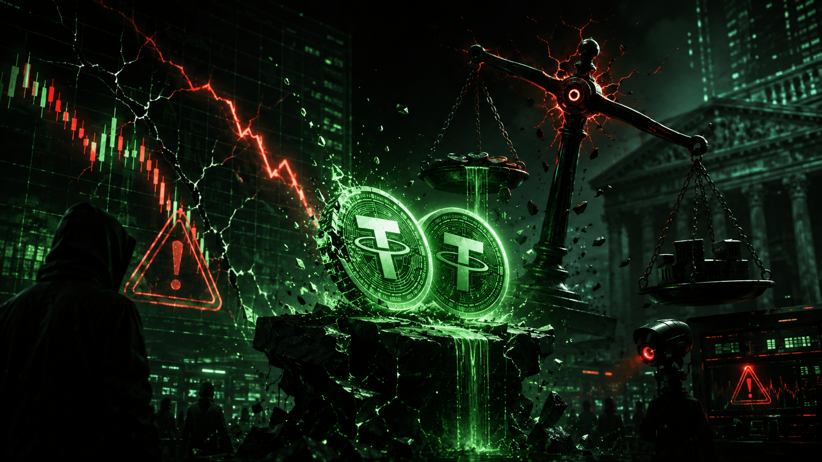 Stablecoin risk concept with warning signs, market crash chart, regulation scales and digital coins