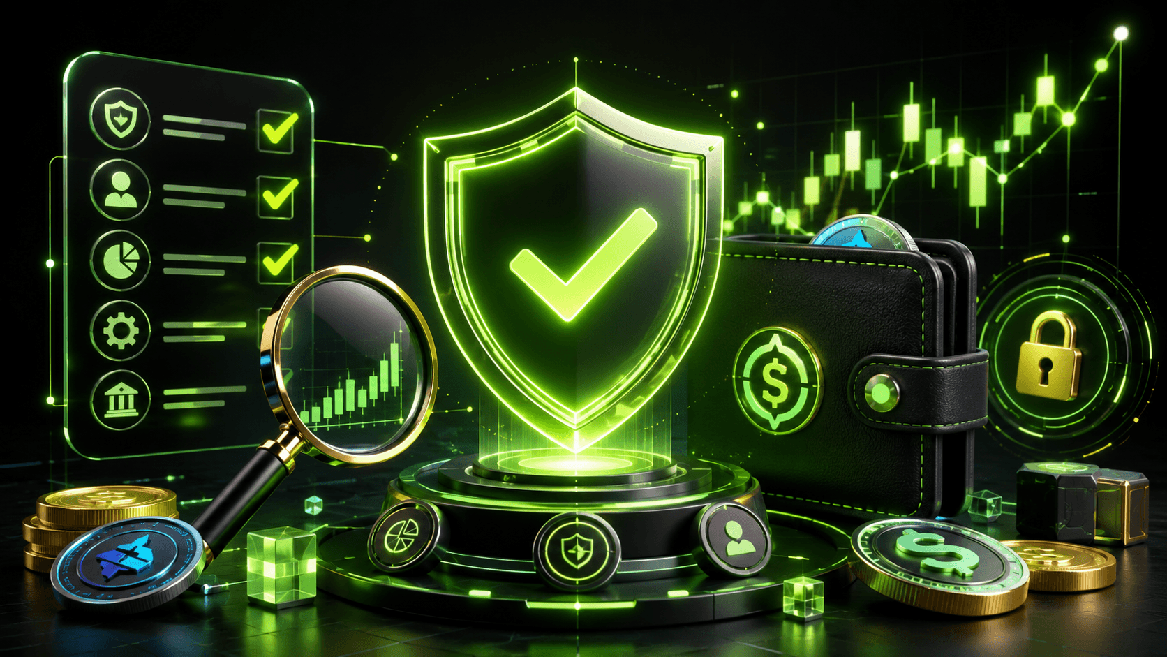 Stablecoin safety checklist with digital wallet, shield, magnifying glass and crypto market indicators