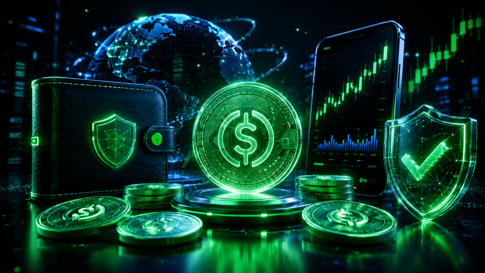 Stablecoin trading concept with digital wallet, crypto market chart and glowing dollar coin